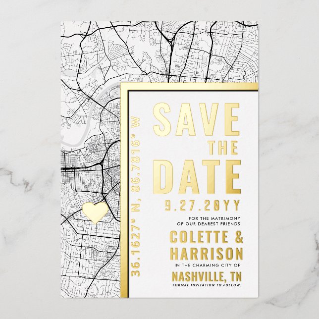 Invitación Con Relieve Metalizado Localizador de amor de Nashville | Boda Guardar la (Anverso)