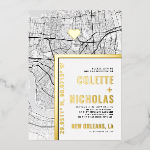 Invitación Con Relieve Metalizado Localizador de Amor de Nueva Orleans   Boda con te