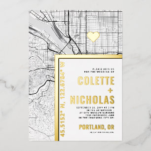 Invitación Con Relieve Metalizado Localizador de Amor de Portland   Boda con tema de