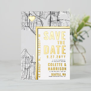 Invitación Con Relieve Metalizado Localizador de Amor de Seattle   Ahorro de Boda la