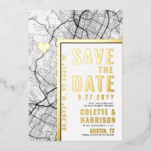 Invitación Con Relieve Metalizado Localizador de Amor en Austin, Texas Ahorra la F