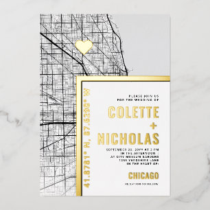 Invitación Con Relieve Metalizado Localizador de Amor en Chicago   Boda con tema de 