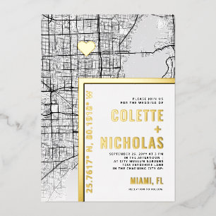 Invitación Con Relieve Metalizado Localizador de Amor en Miami   Boda con tema de ci