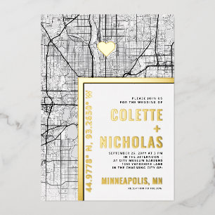 Invitación Con Relieve Metalizado Localizador de Amor en Minneapolis   Boda con tema