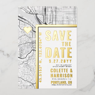 Invitación Con Relieve Metalizado Localizador de Amor en Portland Boda - Guardar l