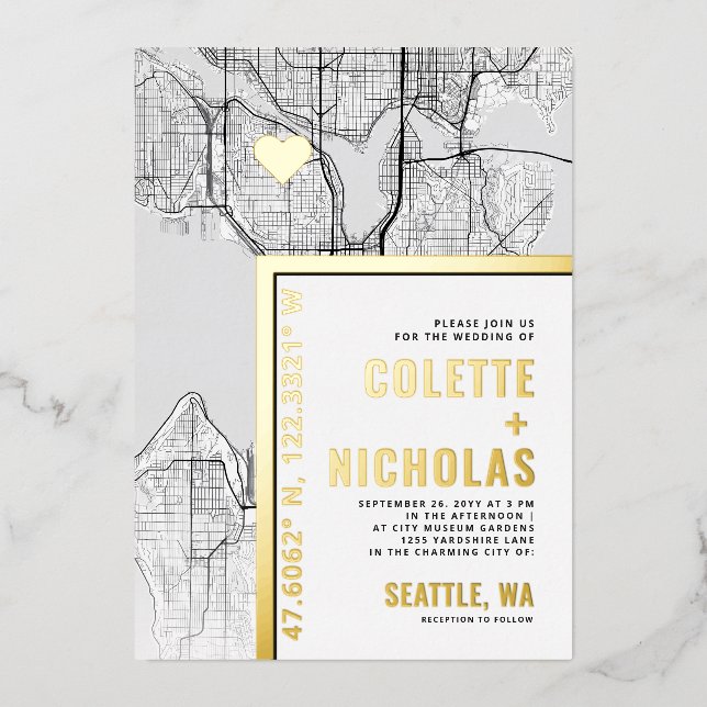Invitación Con Relieve Metalizado Localizador Seattle Love | Boda temático de la ciu (Anverso)