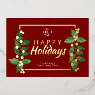Invitación Con Relieve Metalizado Logo Business Happy Holidays Burgundy Gold Card