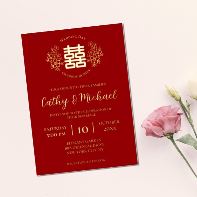 Invitación Con Relieve Metalizado Logo floral rojo y dorado boda chino (Subido por el creador)