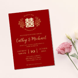 Invitación Con Relieve Metalizado Logotipo floral rojo y dorado boda china