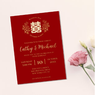 Invitación Con Relieve Metalizado Logotipo floral rojo y dorado boda china