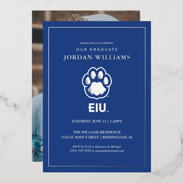 Invitación Con Relieve Metalizado Los Panthers de Illinois Oriental Paw Print y EIU (Anverso/Reverso)