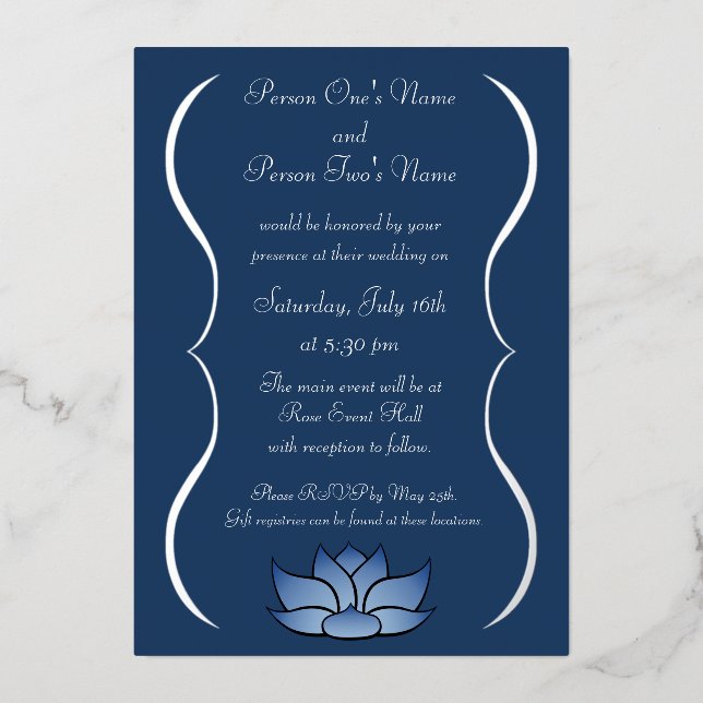 Invitación Con Relieve Metalizado Loto exquisito en azul (Anverso)