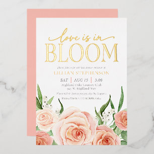 Invitación Con Relieve Metalizado Love Está en Flor Rosa Desvanecido Floral Ducha Nu