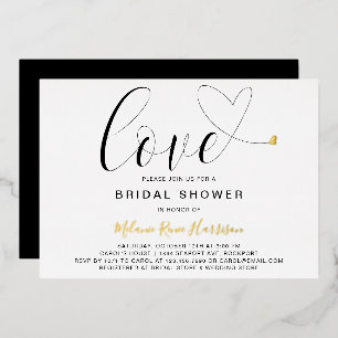 Invitación Con Relieve Metalizado Love Heart Black White Modern Bridal Shower Gold
