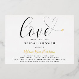 Invitación Con Relieve Metalizado Love Heart Black White Modern Bridal Shower Gold