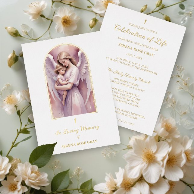 Invitación Con Relieve Metalizado Lovely Arch Angel Guardian with Baby Gold Funeral (Lovely Arch Effect Angel Guardian with Baby Gold Foil Funeral Invitation Card.)
