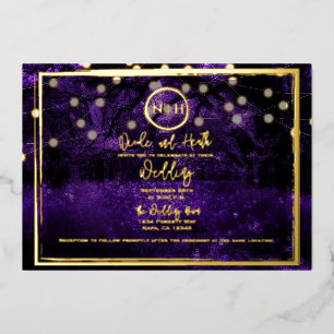 Invitación Con Relieve Metalizado Luces de bosque morado Elegante foto de boda dorad