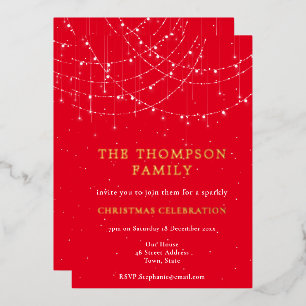 Invitación Con Relieve Metalizado Luces de Cadena Glam Nieve Rojo Navidad Fiesta Luj