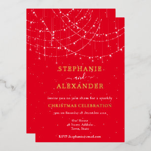Invitación Con Relieve Metalizado Luces de Cadena Nieve Rojo Fiesta de Navidad Lujo 