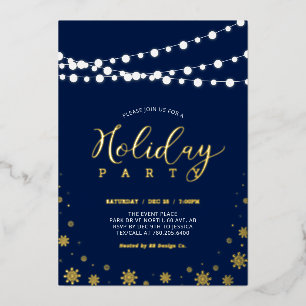 Invitación Con Relieve Metalizado Luces de Cadena y Copos de Nieve Fiesta Navideña A