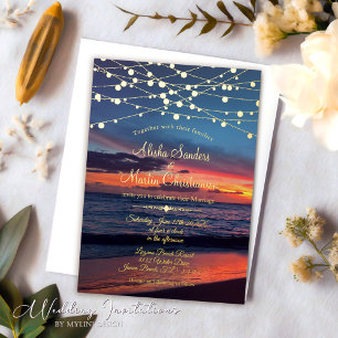Invitación Con Relieve Metalizado Luces de Cuerda de Playa de Puesta de Sol Elegante
