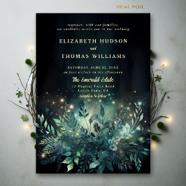 Invitación Con Relieve Metalizado Luces de Foliaje del Bosque Encantado Boda Moderna