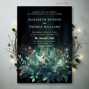 Invitación Con Relieve Metalizado Luces de Foliaje del Bosque Encantado Boda Moderna