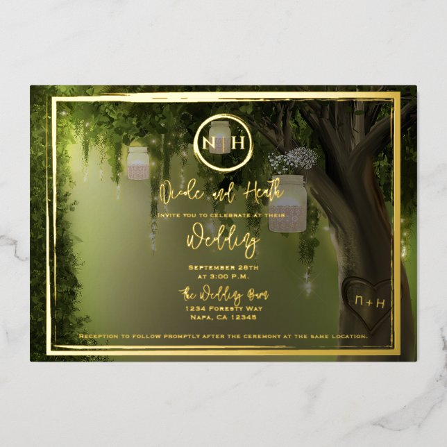 Invitación Con Relieve Metalizado Luces de frascos florales de bosque elegante boda  (Anverso)
