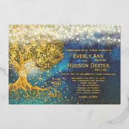Invitación Con Relieve Metalizado Luces de Hadas para Bodas Azul y Dorado de Forest 
