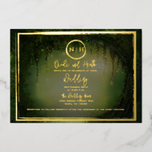 Luces del Bosque Verde Elegante Foto de Boda Dorad