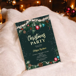 Invitación Con Relieve Metalizado Luces festivas de Navidad ramas de pino nieve verd