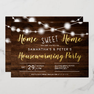 Invitación Con Relieve Metalizado Luces rústicas hogar dulce hogar fiesta de inaugur