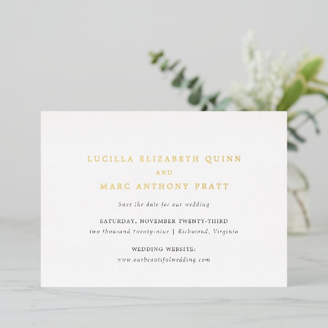Invitación Con Relieve Metalizado Lucilla Elegant Modern Wedding Save the Date (Anverso de pie)