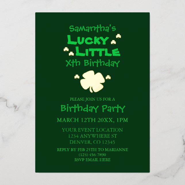 Invitación Con Relieve Metalizado Lucky Little Birday (Anverso)