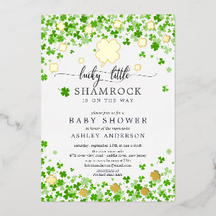 Invitación Con Relieve Metalizado Lucky Little Shamrock Baby Shower
