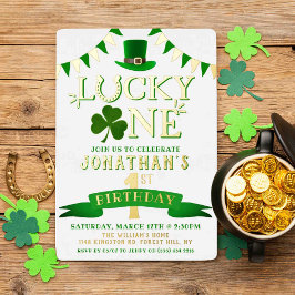 Invitación Con Relieve Metalizado Lucky One Chalkboard 1Cumpleaños Real