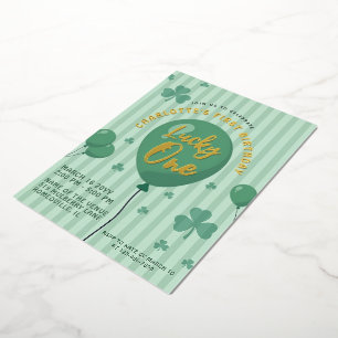 Invitación Con Relieve Metalizado Lucky One cumpleaños 1er Día de San Patricio Globo