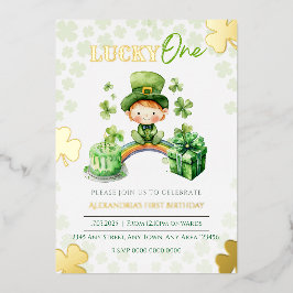 Invitación Con Relieve Metalizado Lucky One First Birday St Patricks