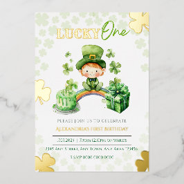 Invitación Con Relieve Metalizado Lucky One First Birday St Patricks