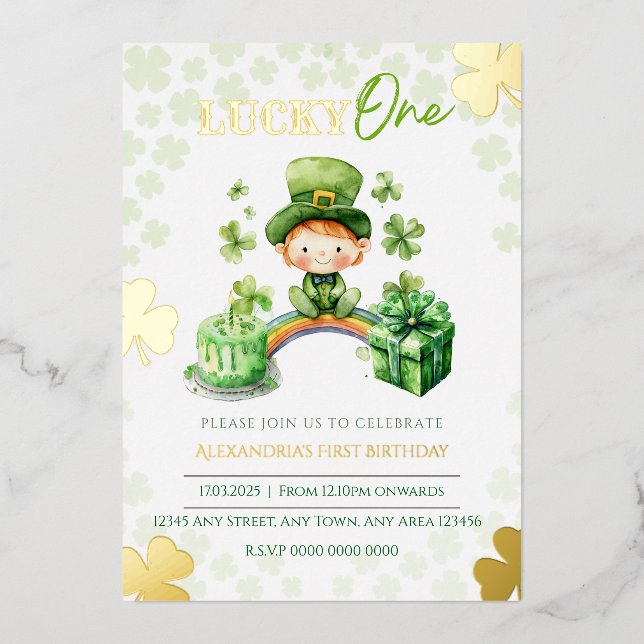 Invitación Con Relieve Metalizado Lucky One First Birday St Patricks (Anverso)