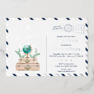 Invitación Con Relieve Metalizado Lugares a los que irá Viajes Niño Azul Marino Plat