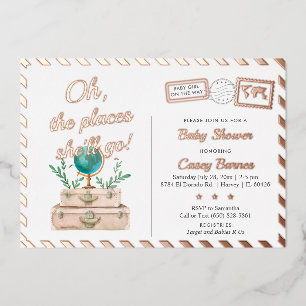 Invitación Con Relieve Metalizado Lugares de Viaje que Ella Irá Baby Shower Rosa Dor