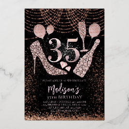 Invitación Con Relieve Metalizado Lujo 35º Rosa Purpurina de cumpleaños oro Negro