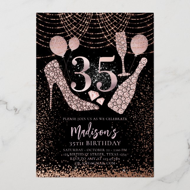 Invitación Con Relieve Metalizado Lujo 35º Rosa Purpurina de cumpleaños oro Negro (Anverso)