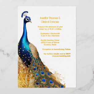 Invitación Con Relieve Metalizado Lujo ave de pavo real oro azul esmeralda verde rea