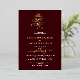 Invitación Con Relieve Metalizado Lujo Boda Floral Burgundy Profundo Monograma Dorad