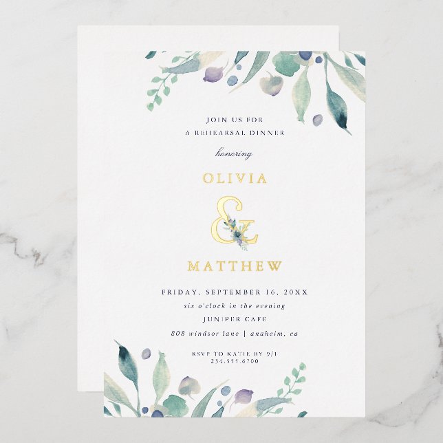 Invitación Con Relieve Metalizado Lujo Boda Floral Ensayo Cena (Anverso/Reverso)