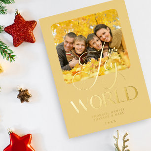 Invitación Con Relieve Metalizado Lujo Dorado Alegría para el Mundo Foto Familia