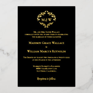 Invitación Con Relieve Metalizado Lujo Elegante Cresta Boda Monograma Negro Oro