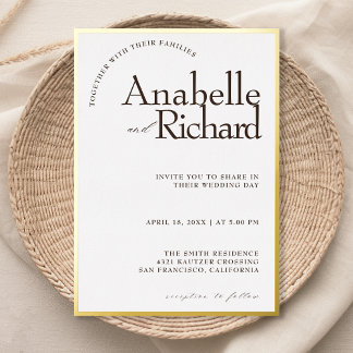 Invitación Con Relieve Metalizado lujo en oro de hojalata real simple clásico boda